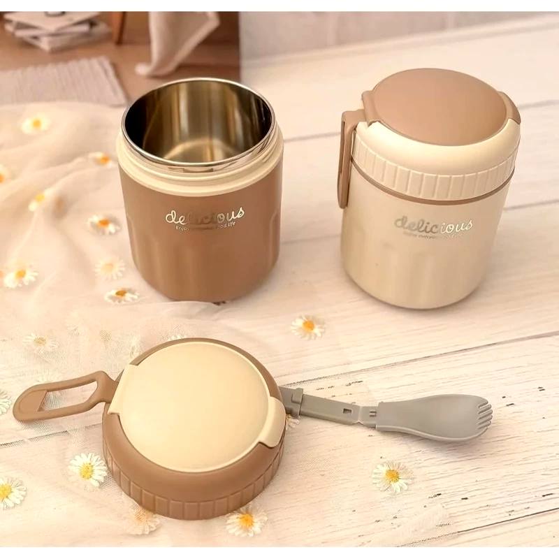 ظرف غذای استیل دلیشس مدل دسته‌دار با قاشق تاشو
